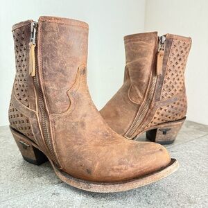 LANE Plain Jane Tan Perforated Distressed Leather Bootie Women’s Size 7